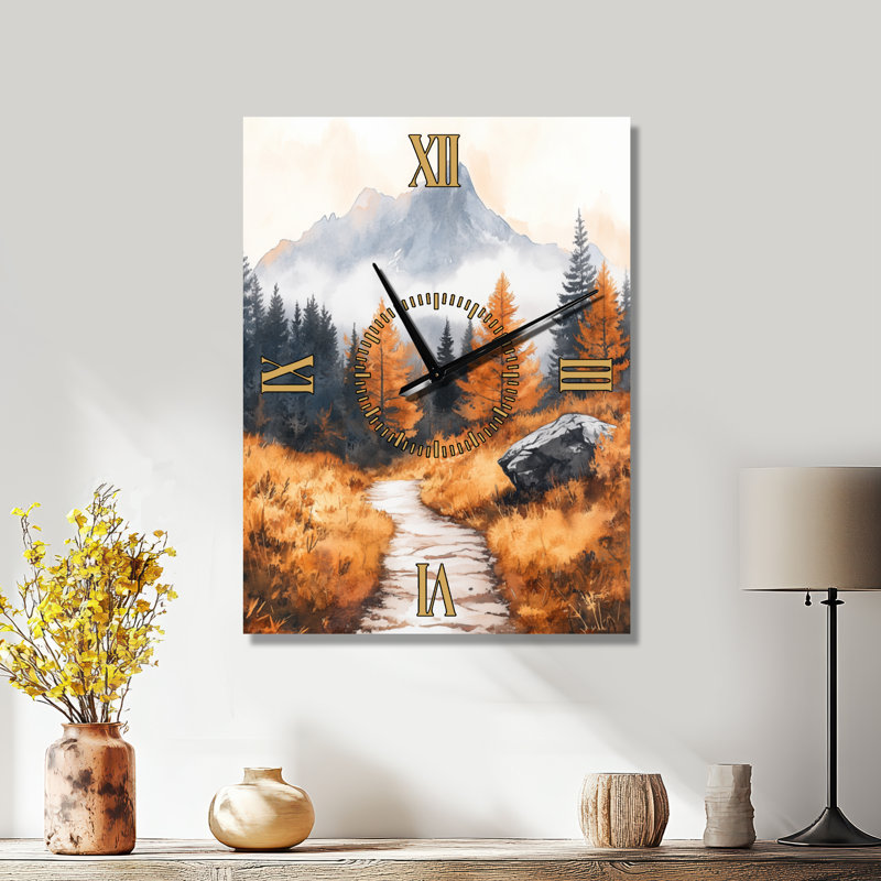 Randonnée d'automne en forêt de montagne - Horloge murale rustique en métal, H 32 po x l 24 po - Rectangle