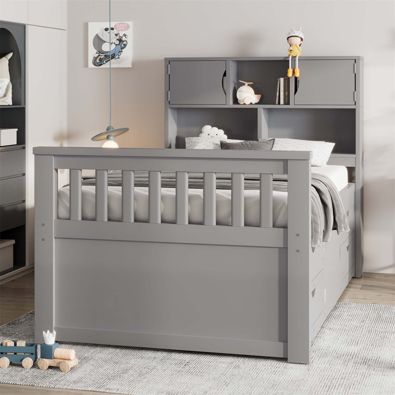 Base de lit plateforme simple en bois avec rangement, bibliothèques, tablettes et quatre tiroirs gris