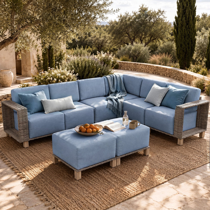 Canapé d'angle extérieur en résine tressée 8 pièces avec coussins de 20 cm et design modulaire, Bleu