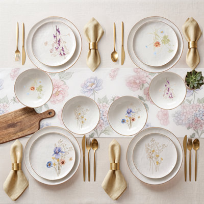 Service de table en porcelaine de luxe 12 pièces Sango Gansevoort pour 4 assiettes et bols en blanc brillant avec motifs de fleurs sauvages et rebords dorés, ensemble de vaisselle en céramique, vaisselle élégante pour tous les jours, allant au micro-ondes et au lave-vaisselle
