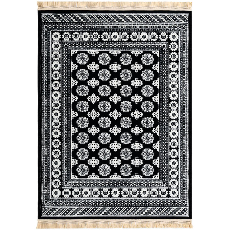 Tapis traditionnel Hinshaw noir et blanc, Rectangle 5 pi 3 po x 7 pi 1 po