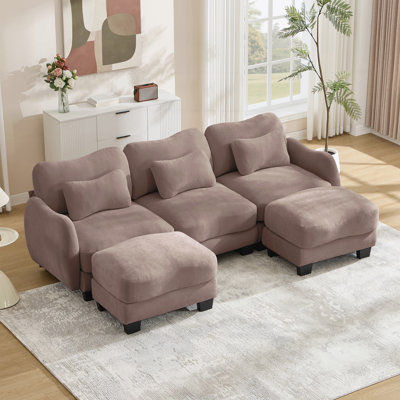 U-Shaped Sofa with 3 Exquisite Waist Pillows, Oversized 3-Seater Sectional with 2 Movable Ottomans
