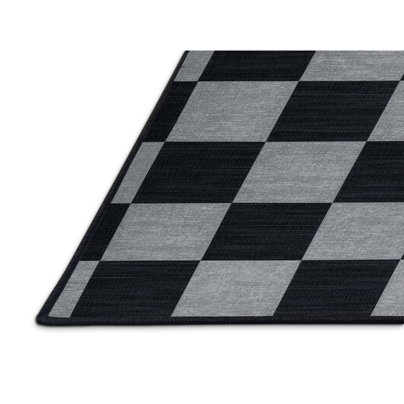 Tapis gris à carreaux lavable à la machine, Rond 3 pi