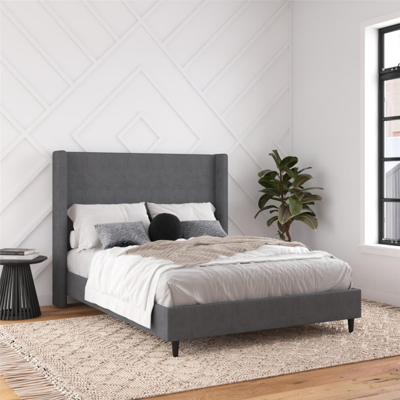 Ana Upholstered Wingback Bed, Dark Gray Velvet, Queen