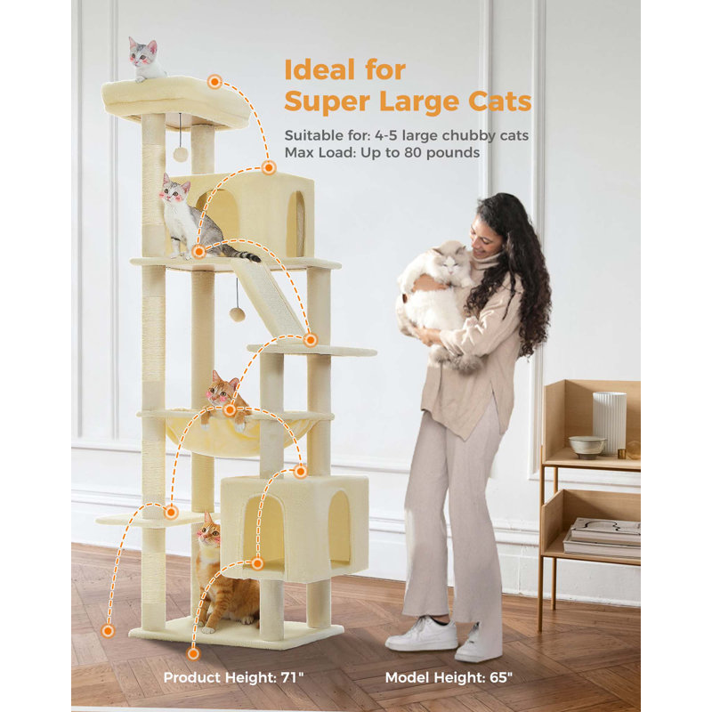 71" Beige Multi-Level Cat Tree with Sisal Posts and Hammock