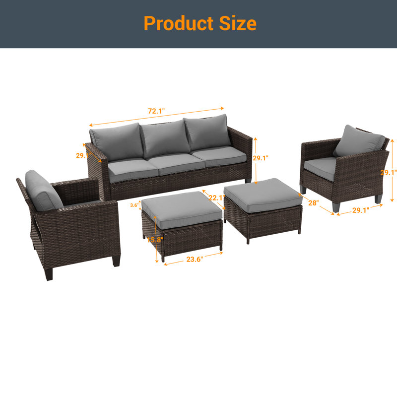 Aser 5 - Person Patio Conversation Set with Cushions, Brown, Gray