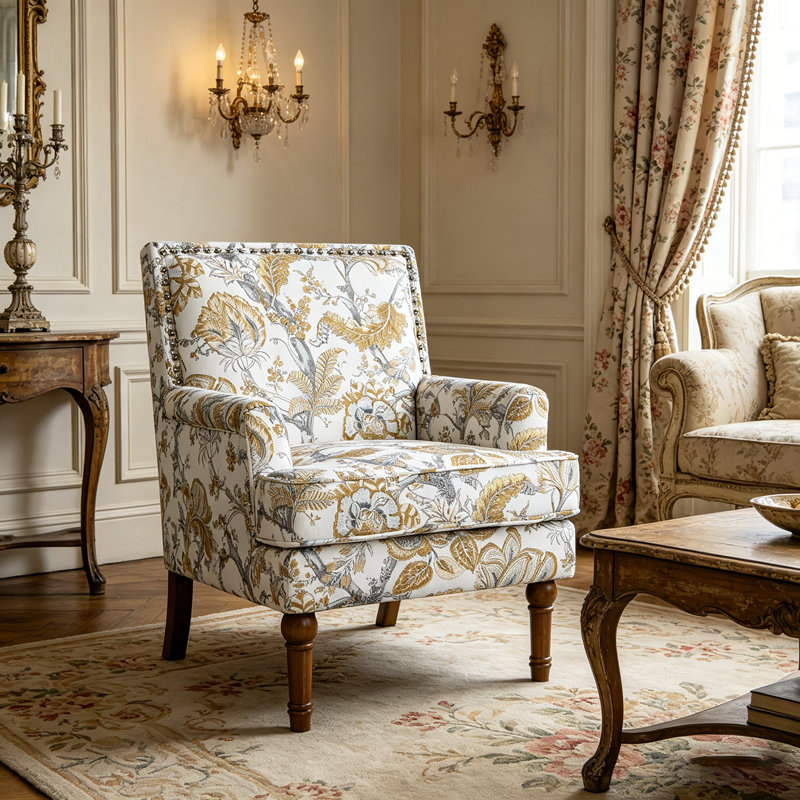 Fauteuil d'appoint Mid-Century avec pieds en bois massif Modern Floral Styke, Jaune