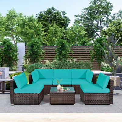 6pcs Rattan Outdoor Sectional Sofa Set Patio Furniture Set W/ Turquoise Cushions by Latitude Run
