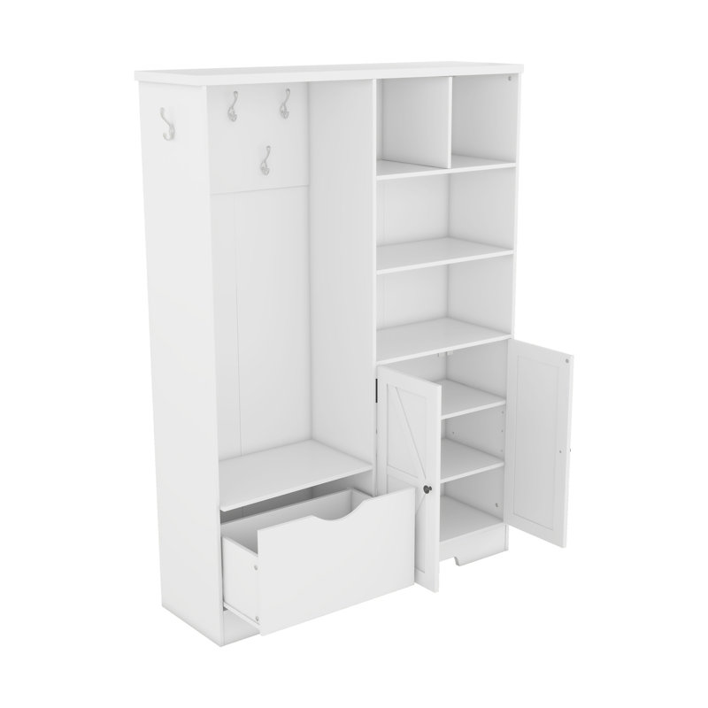 Arbre d'entrée multifonctionnel avec tablettes et tiroirs de rangement, armoire à chaussures élégante avec banc, portemanteau moderne avec crochets pour les entrées de couloir, blanc