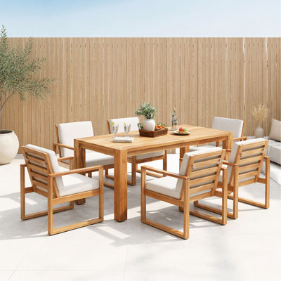 Ensemble repas d'extérieur 7 pièces pour 6 personnes avec trou pour parasol, structure en bois et coussins amovibles