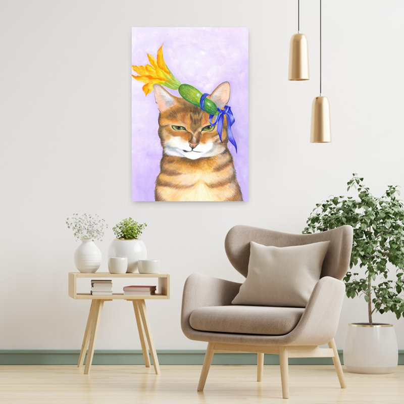 Jasper Cat And Courgette Hat Whimsical Contemporary Cat Flower Portrait Wall Art Print 1 Piece Wrapped Canvas Wall Art