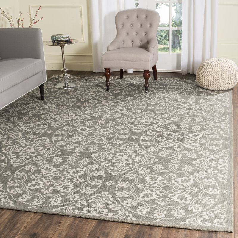 Grey and Natural Floral Cotton 4' x 6' Handmade Rug