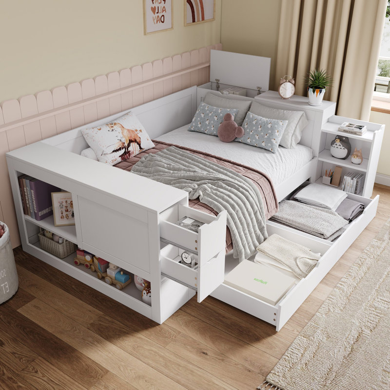 Daybed With Drawers, Shelf & Storage Box, Pull-out Nightstand, White, No Mattress, 135x190 Cm, Solid Mdf & Plywood