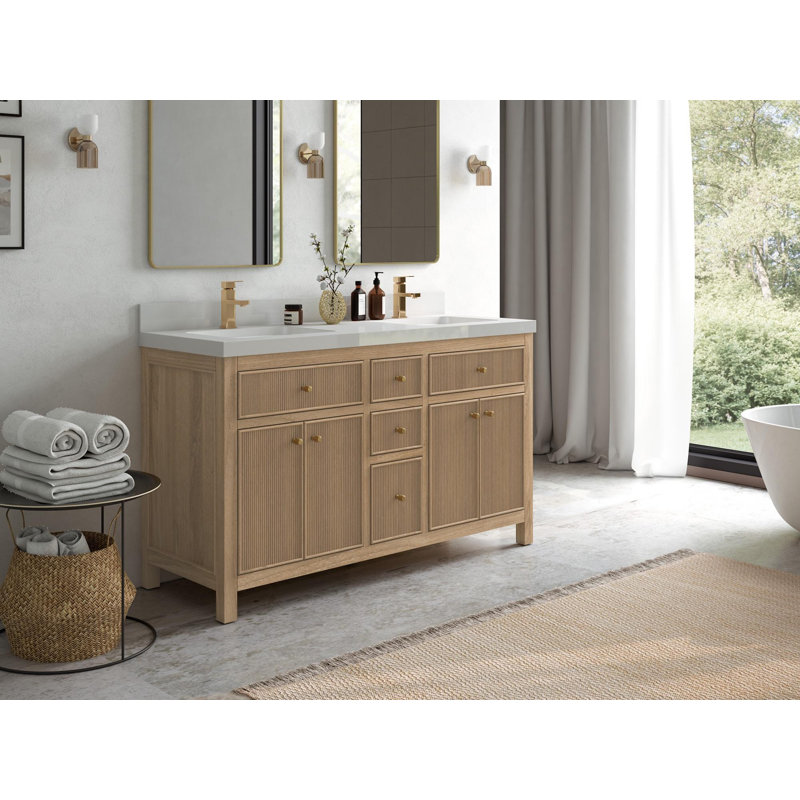 60'' Light Graywashed Teak Double Bathroom Vanity with Quartz Top