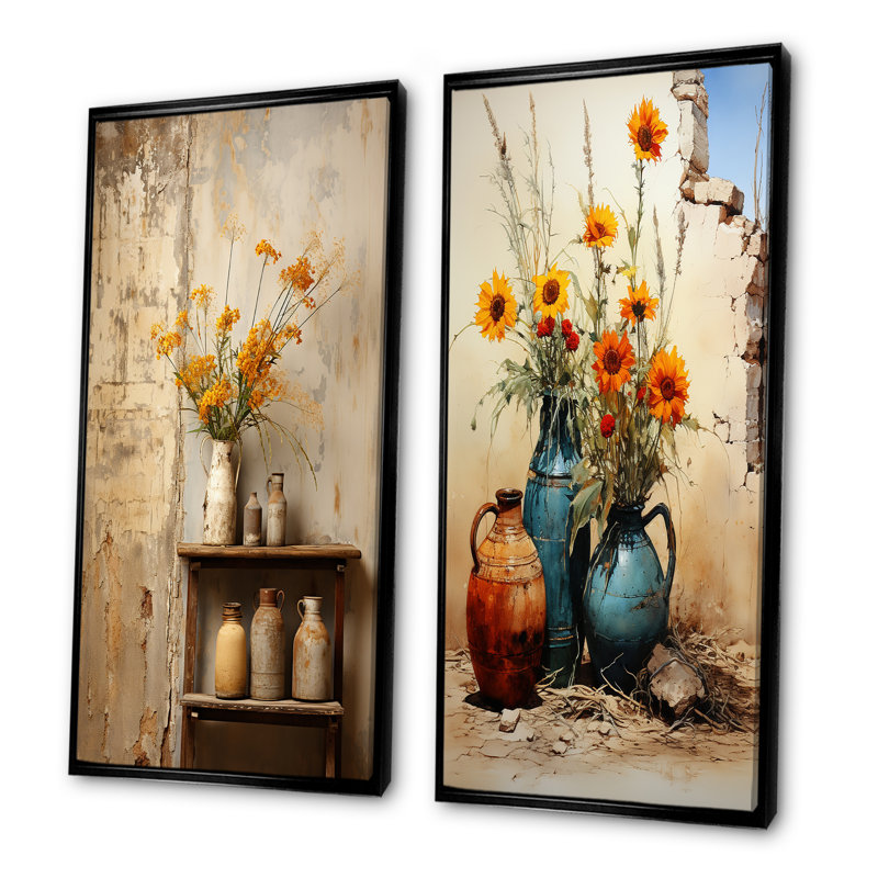 Floral, charme rustique, poterie I - ensemble de 2 reproductions de toiles abstraites, H 40 po x l 41 po, Cadre noir