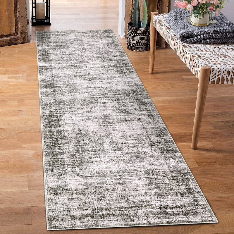 Washable Area Rug, Vintage Distressed Low Pile Non-Slip Foldable Retro Abstract Indoor Floor Carpet, Camel, 2'x8', Tan