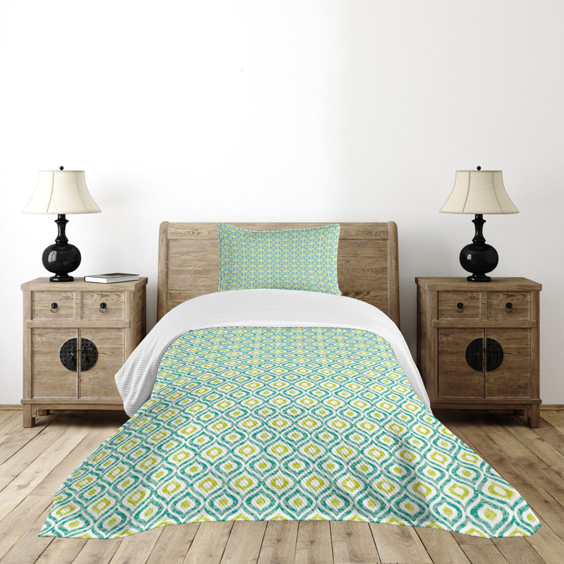 Ensemble de couvre-lit Ambesonne Ikat Vibrant Ogee Motif Menthe Vert Jaune Vert