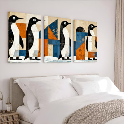 «Geometric Penguin», art mural tendu sur toile, ensemble minimaliste moderne (ensemble de 3)