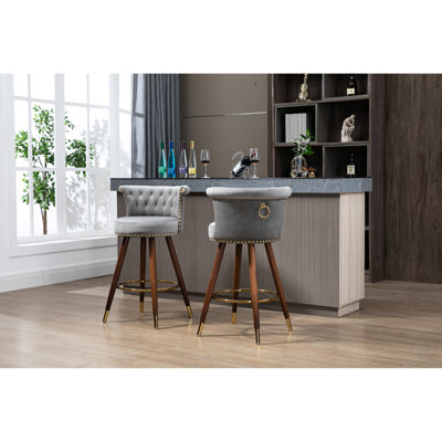 Tabourets de bar pivotants à hauteur de comptoir, repose-pieds, hauteur fixe à 360 degrés, pieds en bois massif, revêtement gris, sièges confortables en mousse de 2 tabourets d'une hauteur de 360 degrés. Structure solide, sièges. Tissu,