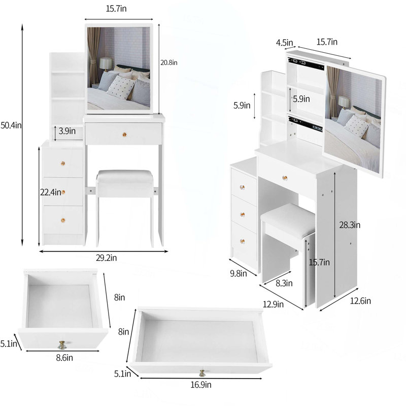 29.2" Small Space Left Bedside Cabinet Vanity Table + Cushioned Stool,Extra Large Right Sliding Mirror,Multi Layer High Capacity Storage,Practical Fashionable Dresser,Suitable for Small Space