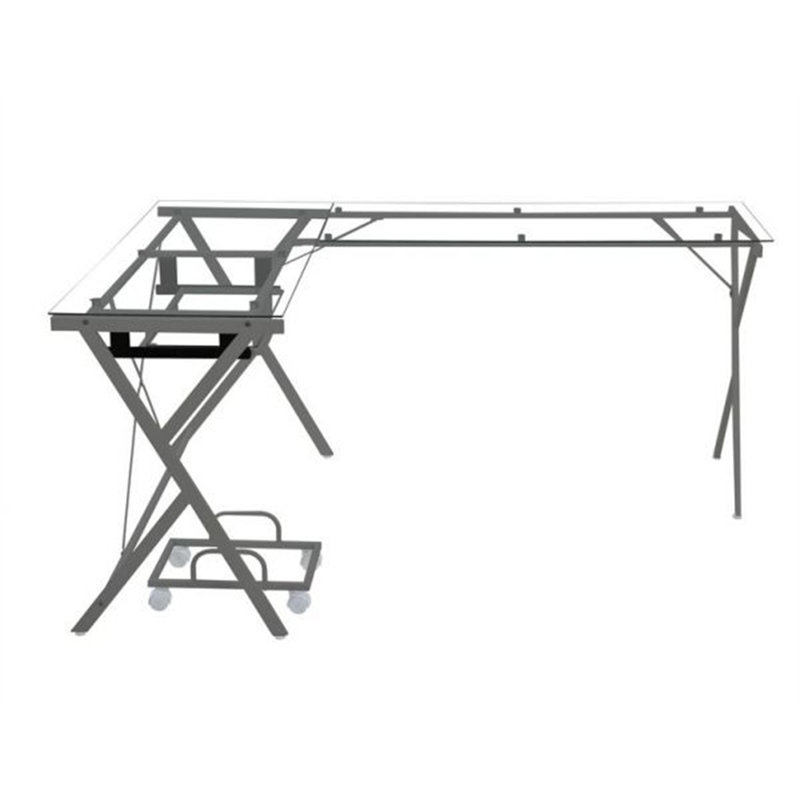 Demico L-Shaped Metal Base Computer Desk, Clear Glass/Black 1
