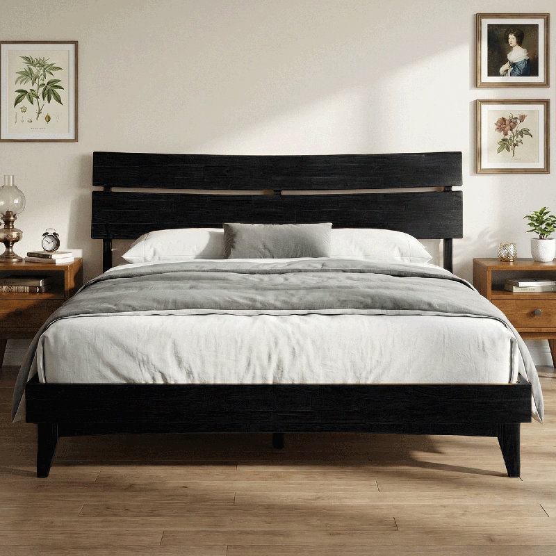 Acacia Aurora Premium Solid Wood Platform Bed Frame and High Headboard, Queen Bed Frame with Headboard Included, Mid Century Modern Bed Frame