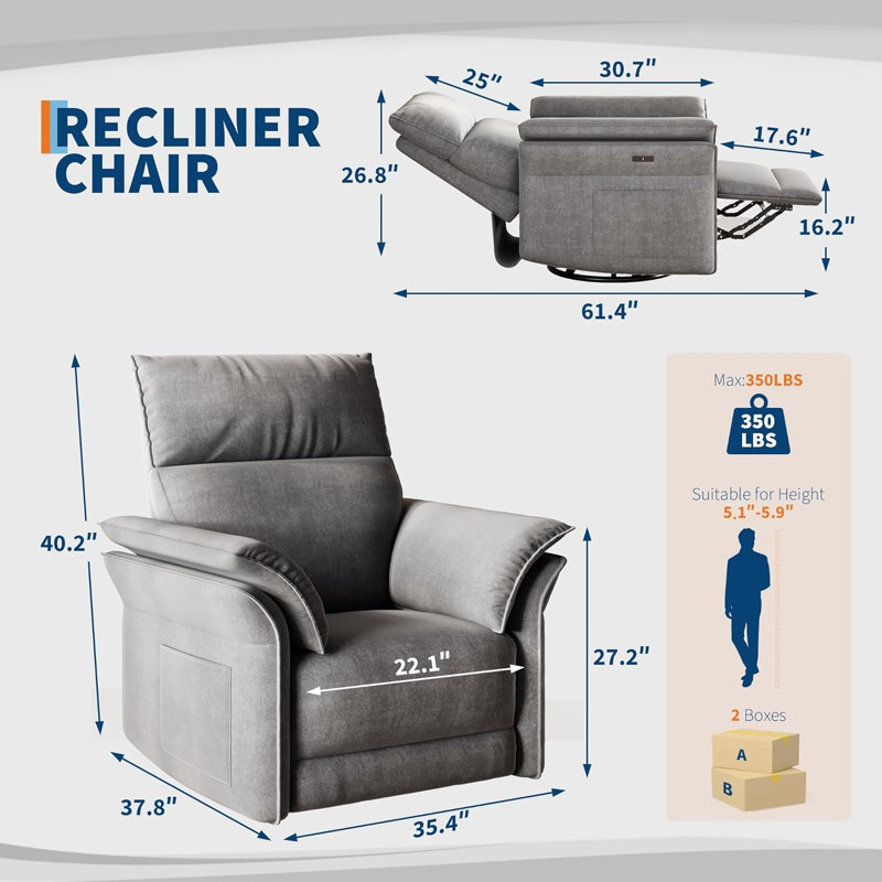 Fauteuil oscillant inclinable électrique pour le salon, fauteuil berçant à 360 ° avec inclinaison réglable, Gray Chenille
