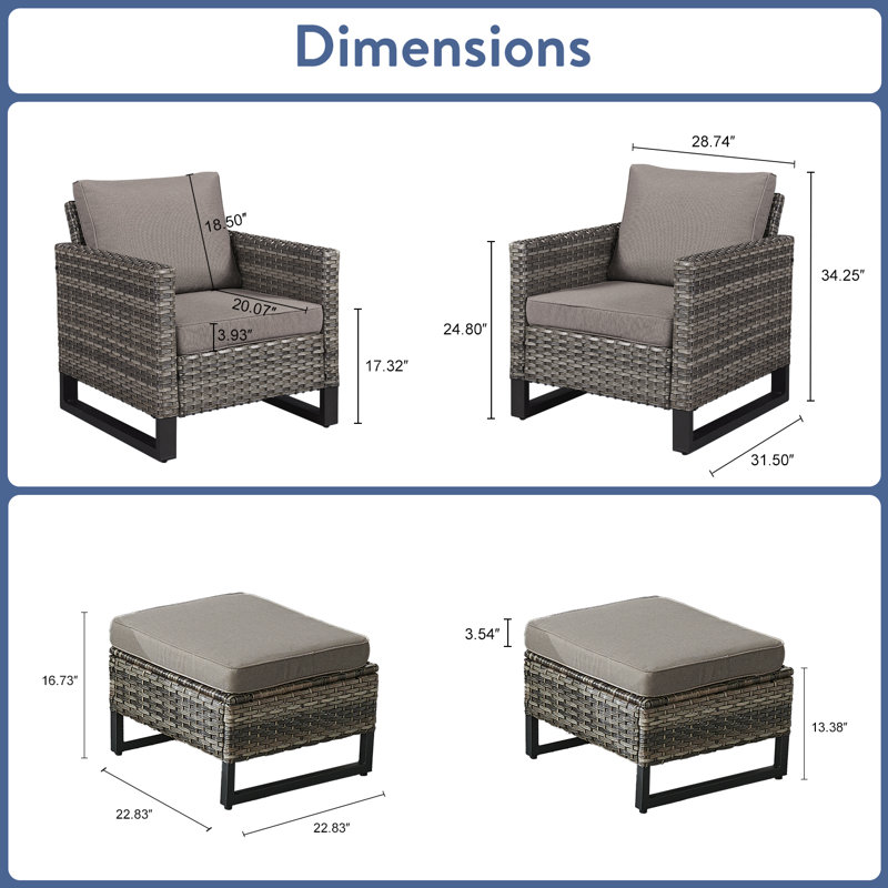 Nazime Outdoor Patio Chairs With Ottomans (Set Of 2), Gray, Gray