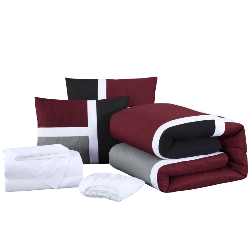 7-Piece Patchwork Bed in a Bag Comforter Set with Sheets, Queen Comforter + 6 Additional Pieces, Red/Black/Gray