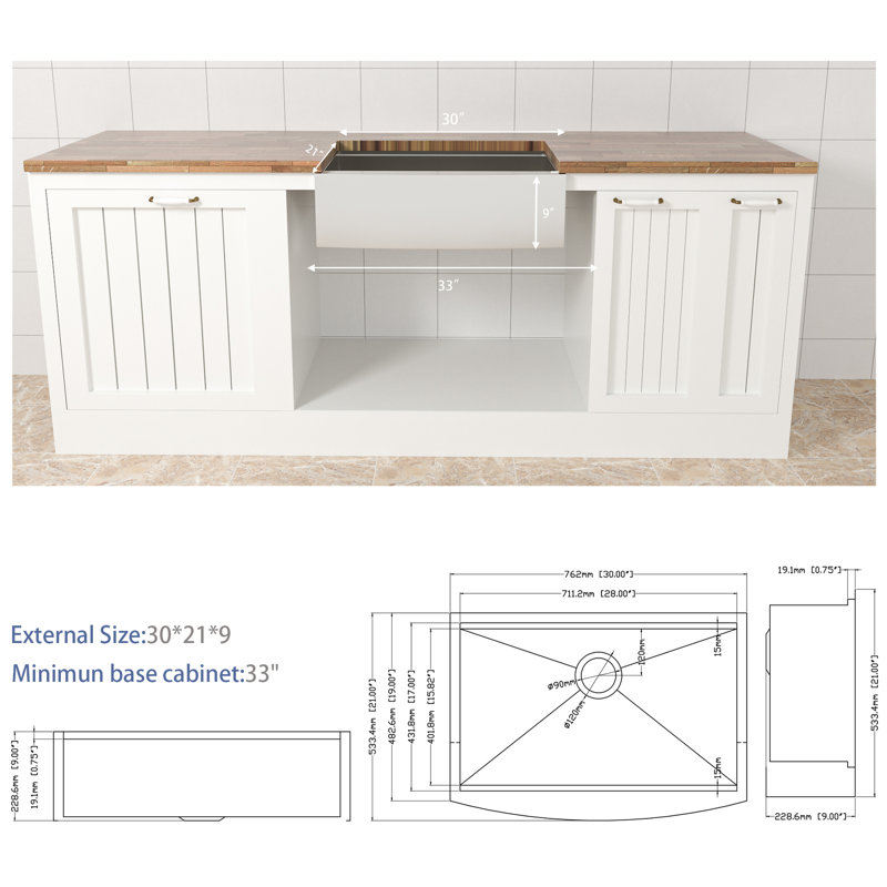 Évier de poste de travail en acier inoxydable de 76 cm (30 po) - 53 x 23 cm (21 x 9 po), acier hygiénique pour la cuisine, fonctionnel