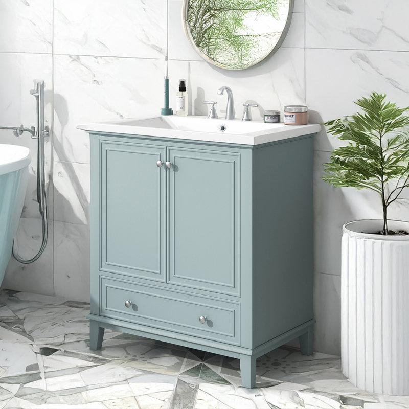 Apsford Solid Wood+MDF Freestanding Bathroom Cabinet,30" Bathroom Vanity with Sink Combo, Light Blue