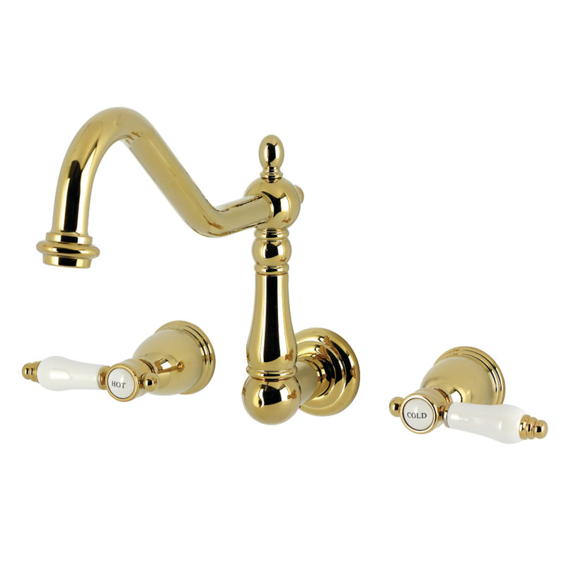 Kingston Brass Bel-Air Double-Handle 3-Hole Wall-Mount Kitchen Faucet, Polished Brass