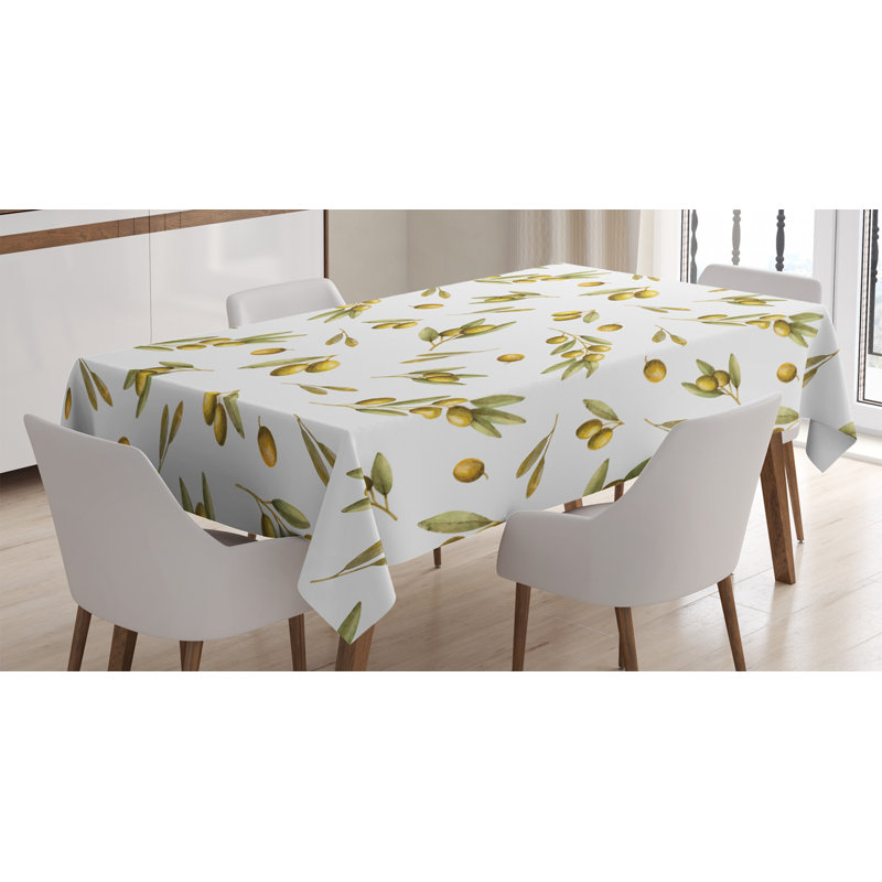 Leaf Mediterranean Watercolor Branches and Leaves of Olives Tablecloth, 90" L x 60" W