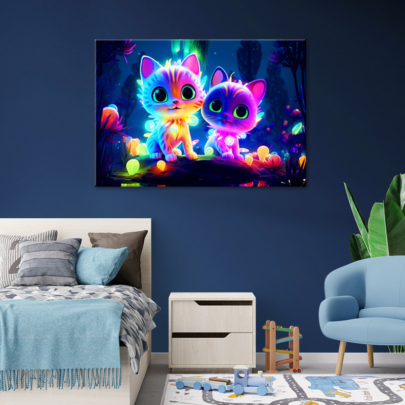 Cute Neon Cats - No Frame Print on Canvas, 70cm H x 100cm W