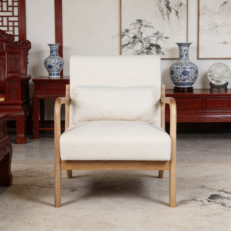 Chaise d'appoint avec pieds robustes en bois et coussin lombaire amovible, Beige, Chêne