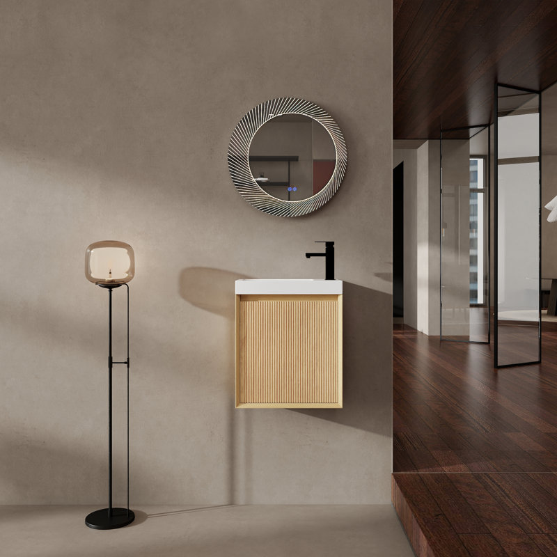 Ensemble de meuble-lavabo mural 18,5 po avec lavabo en résine, porte simple fermée, ensemble d'armoires de salle de bain, panneau de fibres à densité moyenne, bois naturel (KD-Packing)