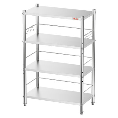Étagère de rangement à 4 niveaux en acier inoxydable 31,6 x 15,9 x 51,2 po, pour le garde-manger de la cuisine, organisateur robuste de 300 lb par tablette avec tablettes réglables à 3 niveaux, 6 crochets, pieds de nivellement