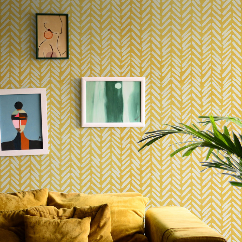 Light Blue Herringbone Wallpaper, Yellow