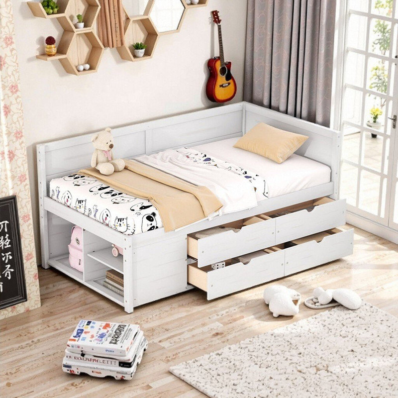 Lit de jour avec rangement en bois massif avec tiroirs et tablettes Dormal, Lit simple, Blanc