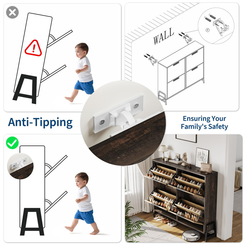 Narrow Shoe Cabinet with 4 Flip Drawers, Freestanding Shoe Storage with Adjustable Shelves and Metal Legs