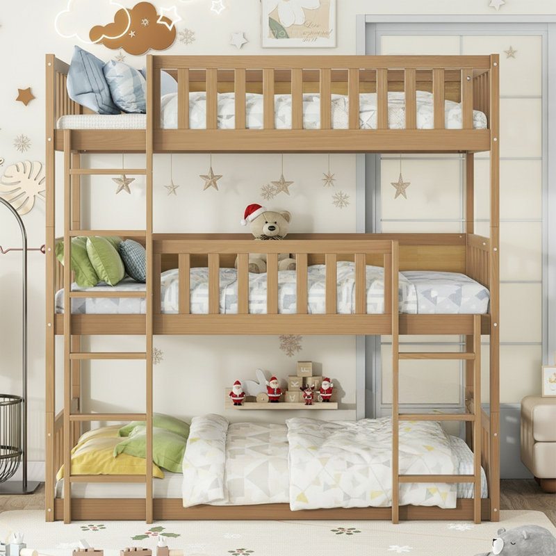 Modern Rubber Wood Twin Over Twin Over Twin Triple Bunk Bed - Detachable Design With Ladders & Full Guardrails, Astm F1427 Certified, Space-saving Furniture For 3 Kids/teens