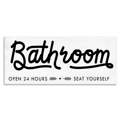 Seat Yourself Bathroom Sign Minimal Black White Stretched Canvas Wall Art by Daphne Polselli