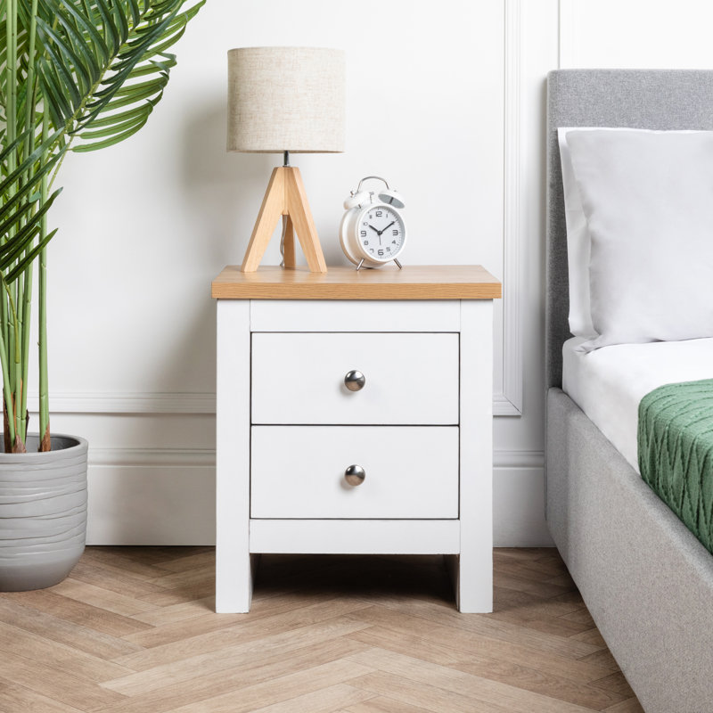 Set Of 2 Pine Side Table 2 Drawer, White