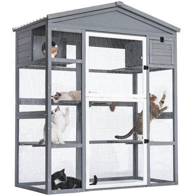 Enceinte d'extérieur pour chat avec grande porte d'entrée et deux portes d'entrée Catio, L 59 po x l 35 po x H 71 po, gris