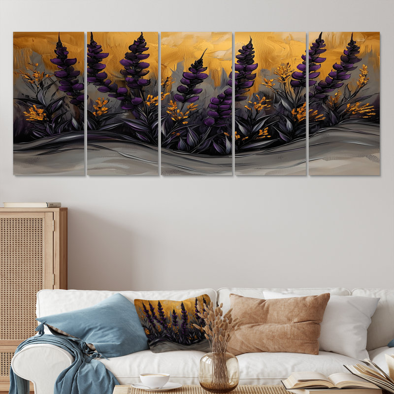 Doré mauve chardon fleurs chanson harmonie III - chardon Wall Art - ensemble de décoration murale traditionnelle 5 pièces