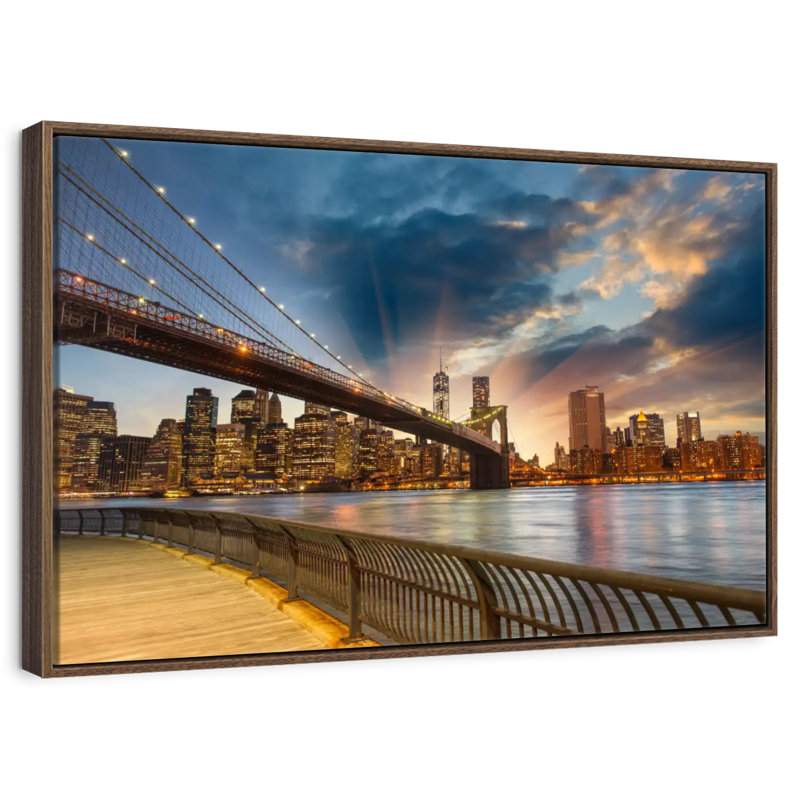 Soleil de Brooklyn Bridge, 25 po x 17 po, Cadre flottant noyer