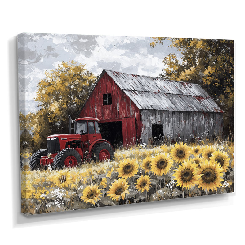 Dorea Country Side Sunflowers with Tractor Farm IV - ferme, art mural, H 34 po x l 44 po, Toile tendue, Ne pas appliquer