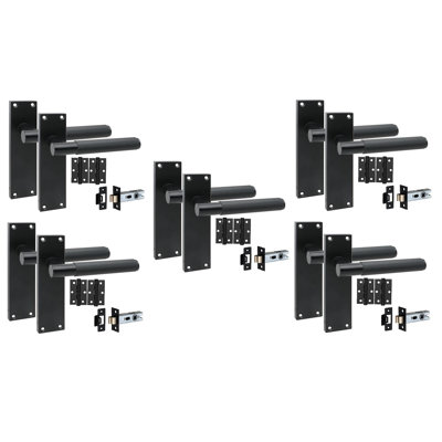 Golden Grace 5 Pair Victorian T-Bar Linear Design Door Handle Matt Black Finish with Ball Bearing Hinges and Latches - 150 x 40mm