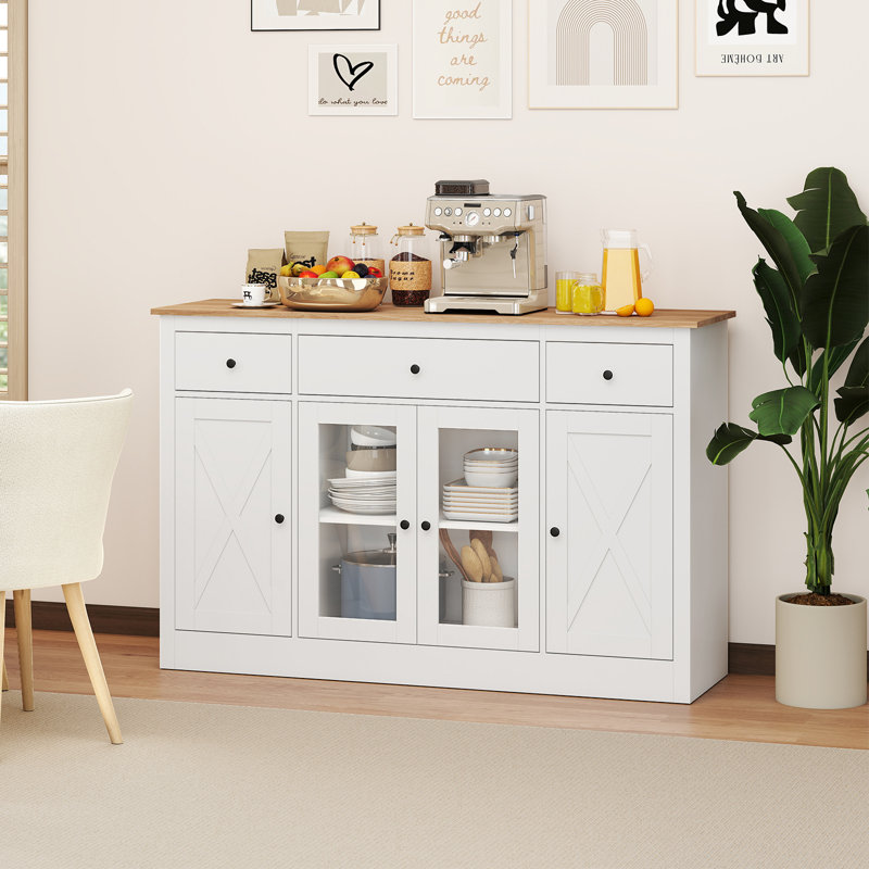Buffet 55 po avec 3 tiroirs et 2 portes transparentes, Blanc