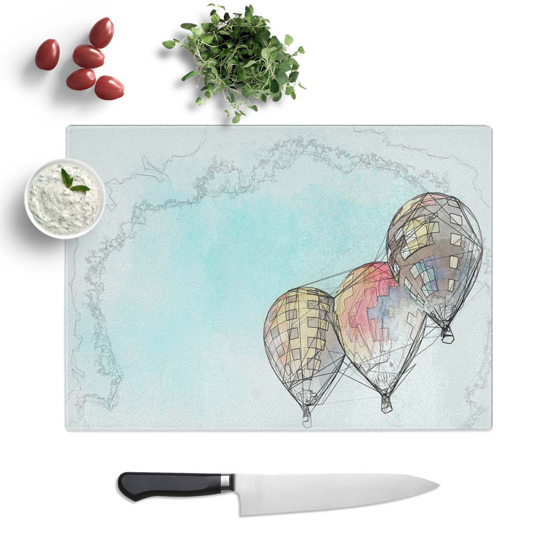 Tempered Glass a Trio of Hot Air Balloons Chopping Board, 39 cm W x 28.5 cm L